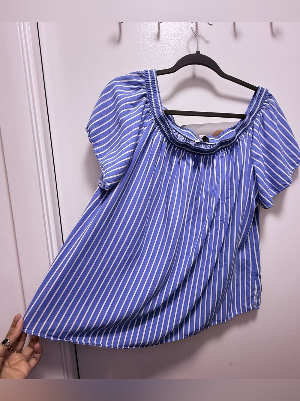 Papaya Blue and White Striped Off-Shoulder Top